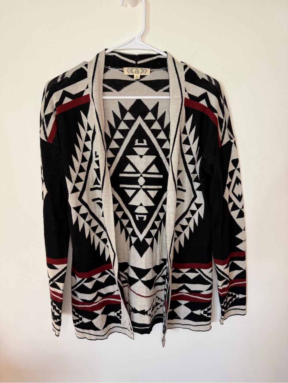 Pink Rose Black and Cream Aztec Knit Cardigan boho medium lightweight sweater